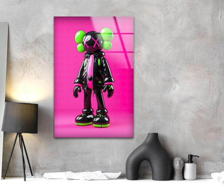 Neon Pink Kaws Glass Wall Art glass photo prints, glass picture prints
