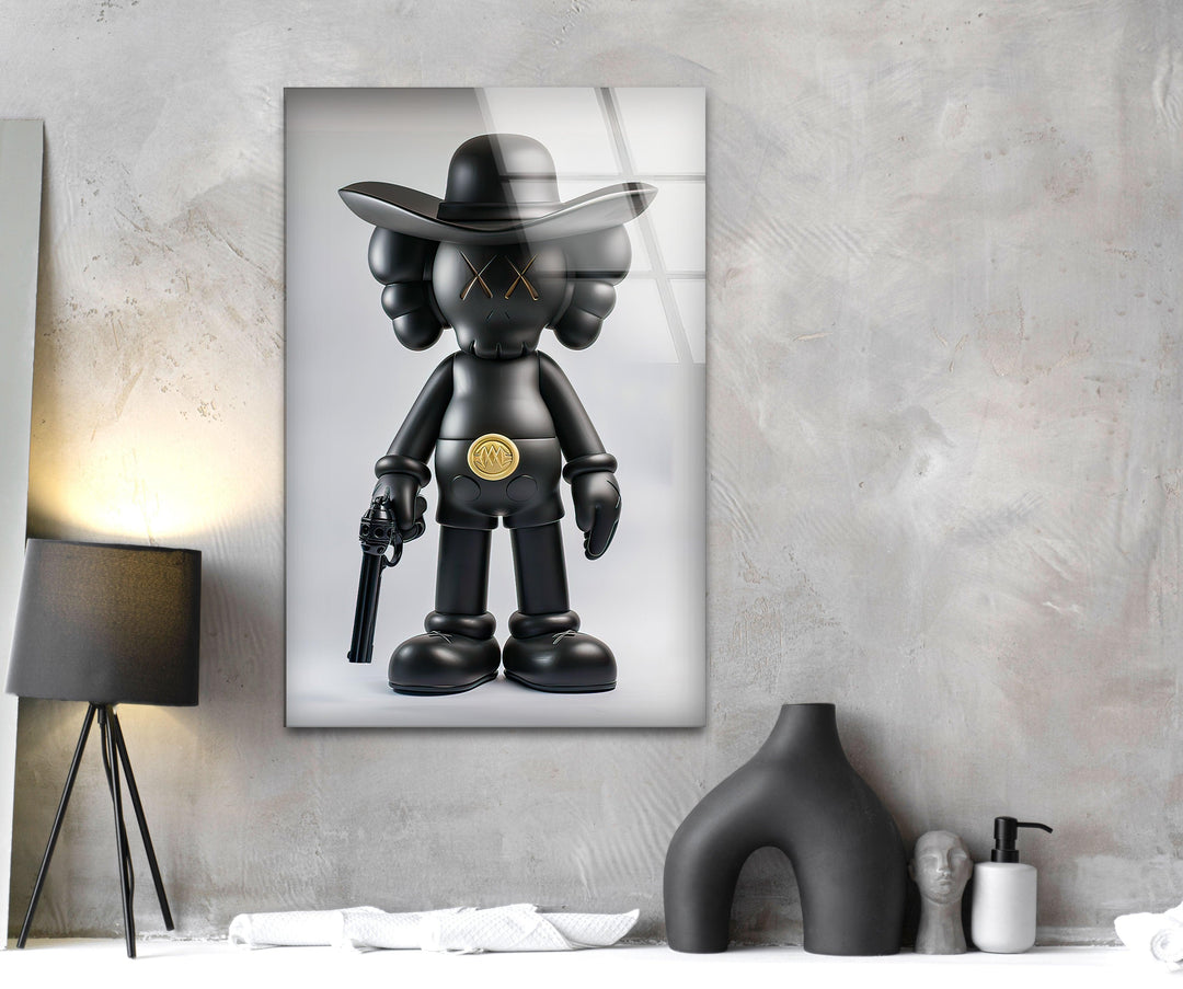 Kaws with Gun Glass Wall Art print on glass, glass printed photos
