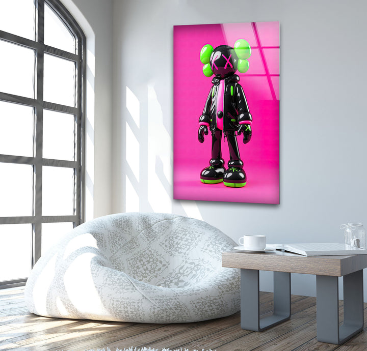 Neon Pink Kaws Glass Wall Art glass pictures for Wall, glass prints wall art
