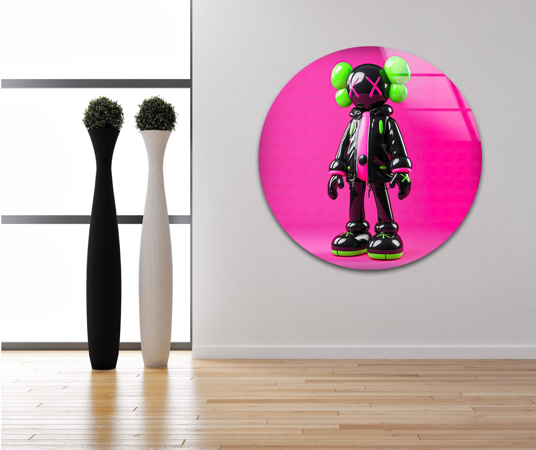 Neon Pink Kaws Glass Wall Art custom glass pictures, glass art prints
