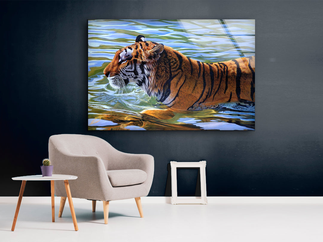 Swimming Tiger Glass Wall Art glass pictures for Wall, glass prints wall art