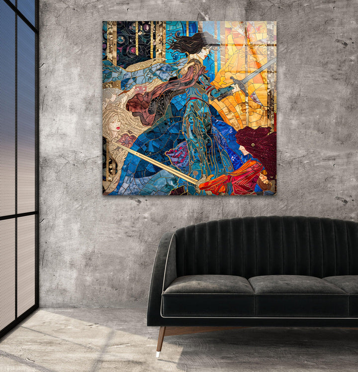 Lady Knight Fighting The War Glass Wall Art glass art painting, glass art for the Wall
