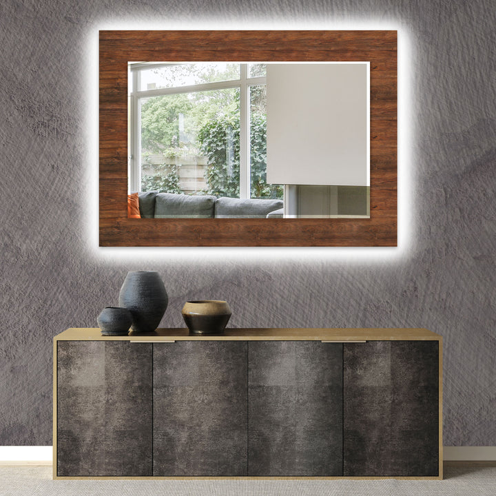 Dark Brown Wood Pattern Wall Mirror Decorative Mirror
