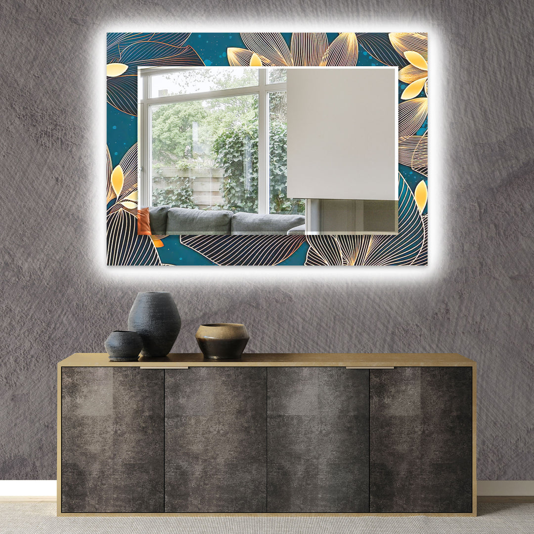 Dark Blue Golden Flowers Wall Mirror bathroom mirror with lights
