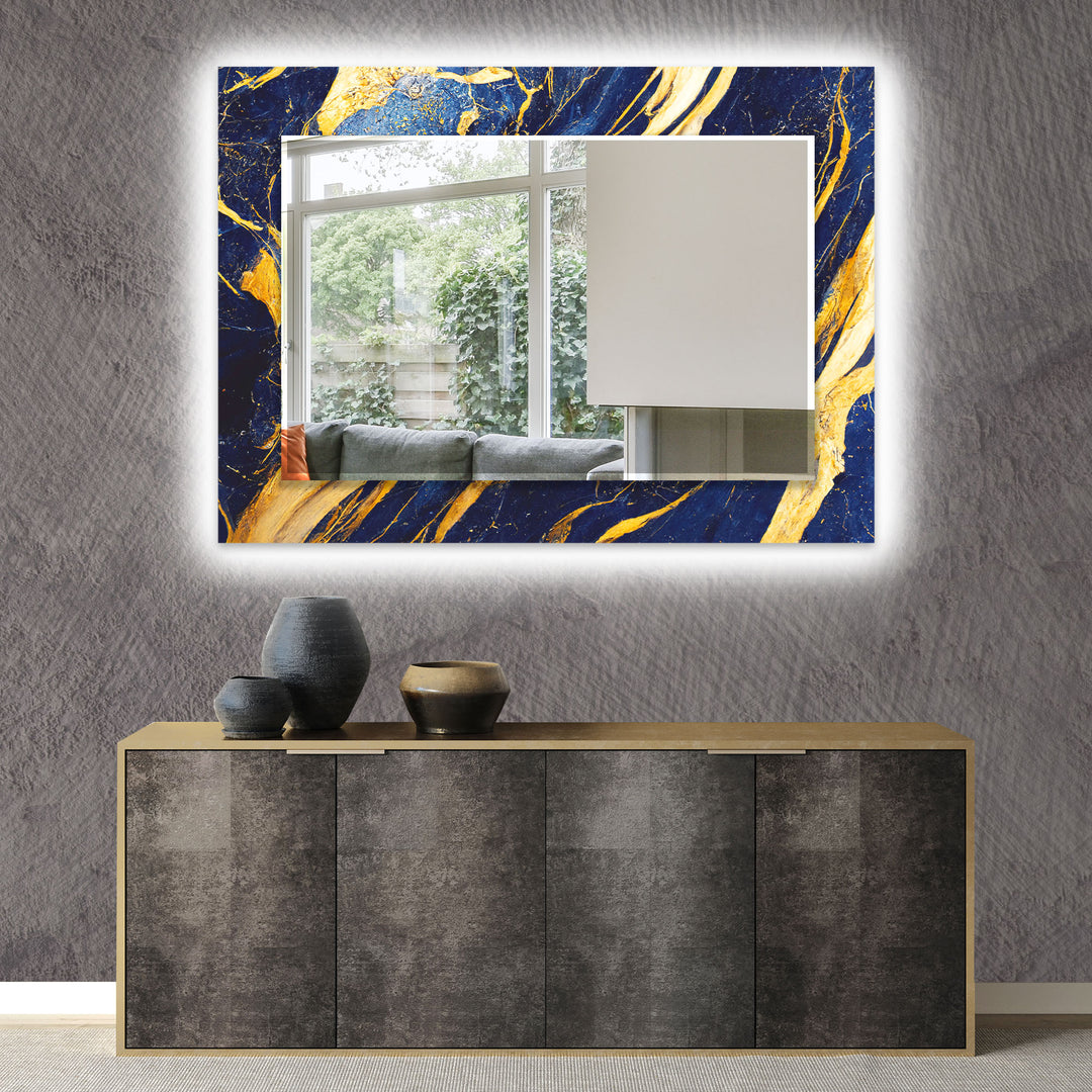 Golden Abstract Dark Blue Wall Mirror bathroom mirror with lights
