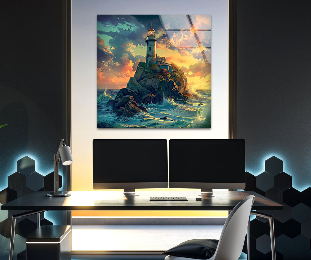 Lighthouse Sunset Landscape Glass Wall Art picture on glass wall art, photos printed on glass
