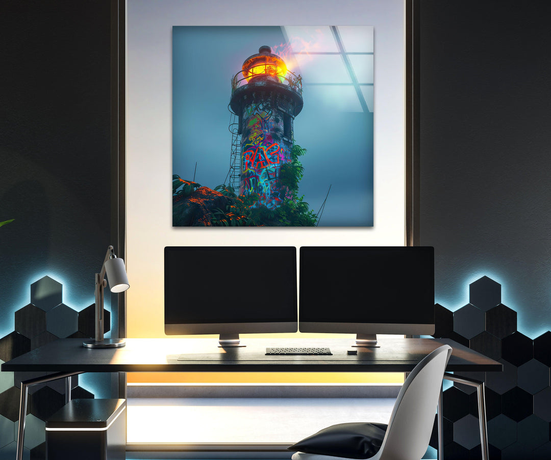 Lighthouse Graffiti Glass Wall Art photo print on glass, prints on glass wall art
