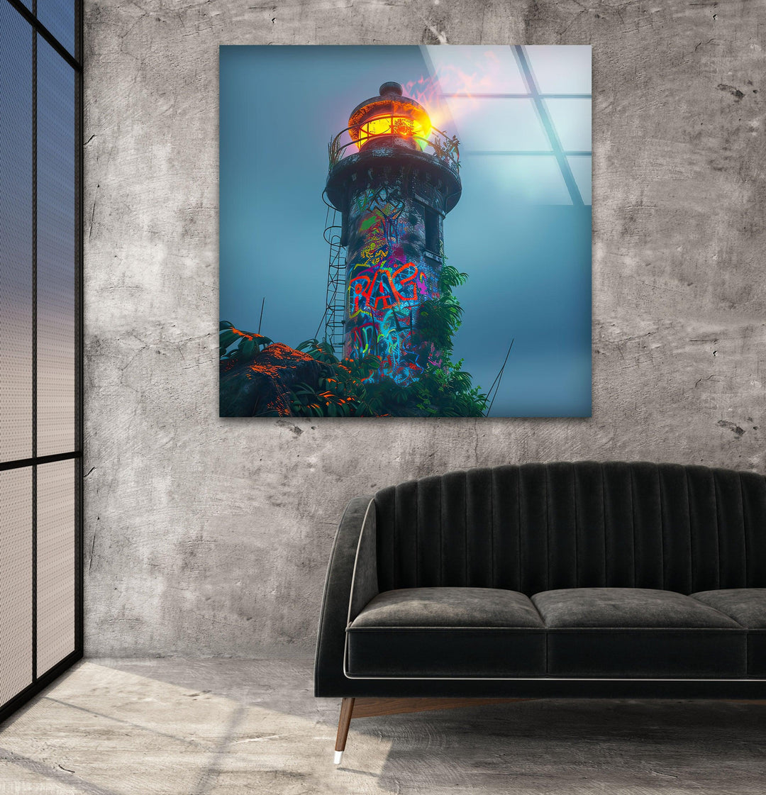 Lighthouse Graffiti Glass Wall Art glass pictures for Wall, glass prints wall art
