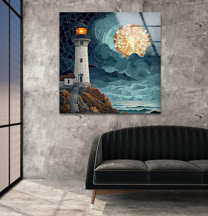 Lighthouse Mosaic Landsacpe Glass Wall Art custom glass photo prints, large glass prints
