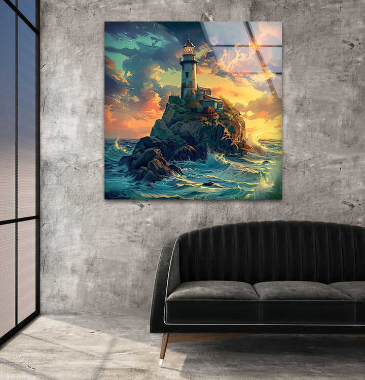 Lighthouse Sunset Landscape Glass Wall Art large glass photo prints, glass wall photos
