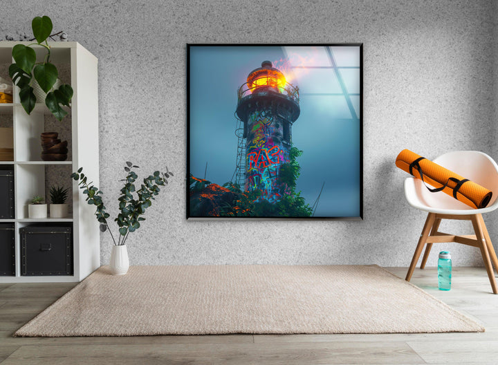 Lighthouse Graffiti Glass Wall Art custom glass pictures, glass art prints
