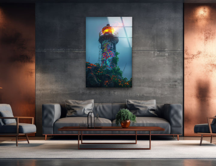 Lighthouse Graffiti Glass Wall Art custom glass photo prints, large glass prints
