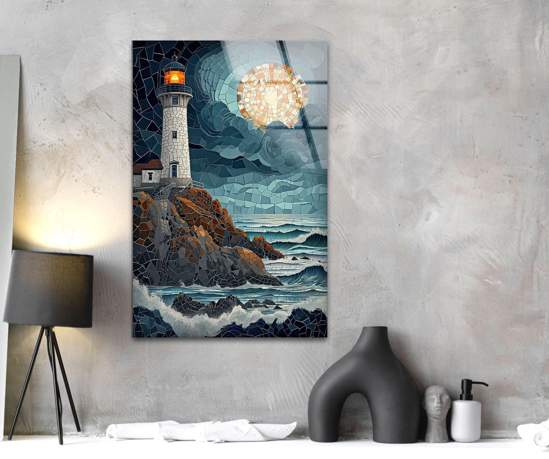 Lighthouse Mosaic Landsacpe Glass Wall Art glass pictures for Wall, glass prints wall art
