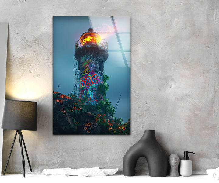 Lighthouse Graffiti Glass Wall Art picture on glass wall art, photos printed on glass
