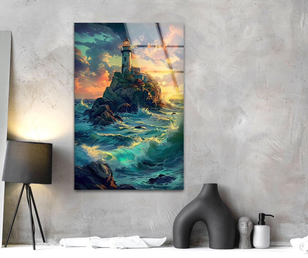 Lighthouse Sunset Landscape Glass Wall Art glass image printing, glass prints from photos
