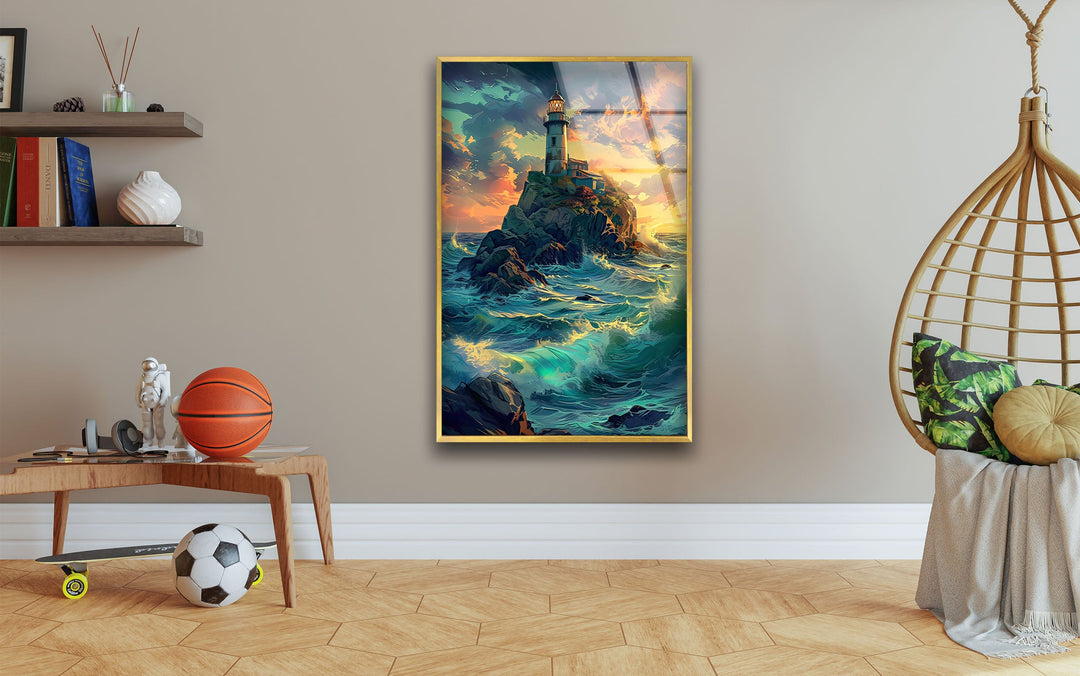 Lighthouse Sunset Landscape Glass Wall Art glass pictures for Wall, glass prints wall art
