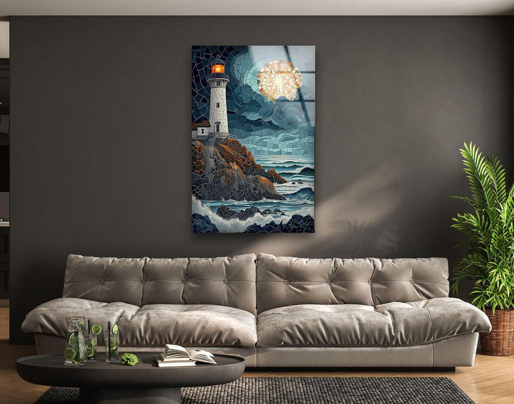 Lighthouse Mosaic Landsacpe Glass Wall Art glass art painting, glass art for the Wall
