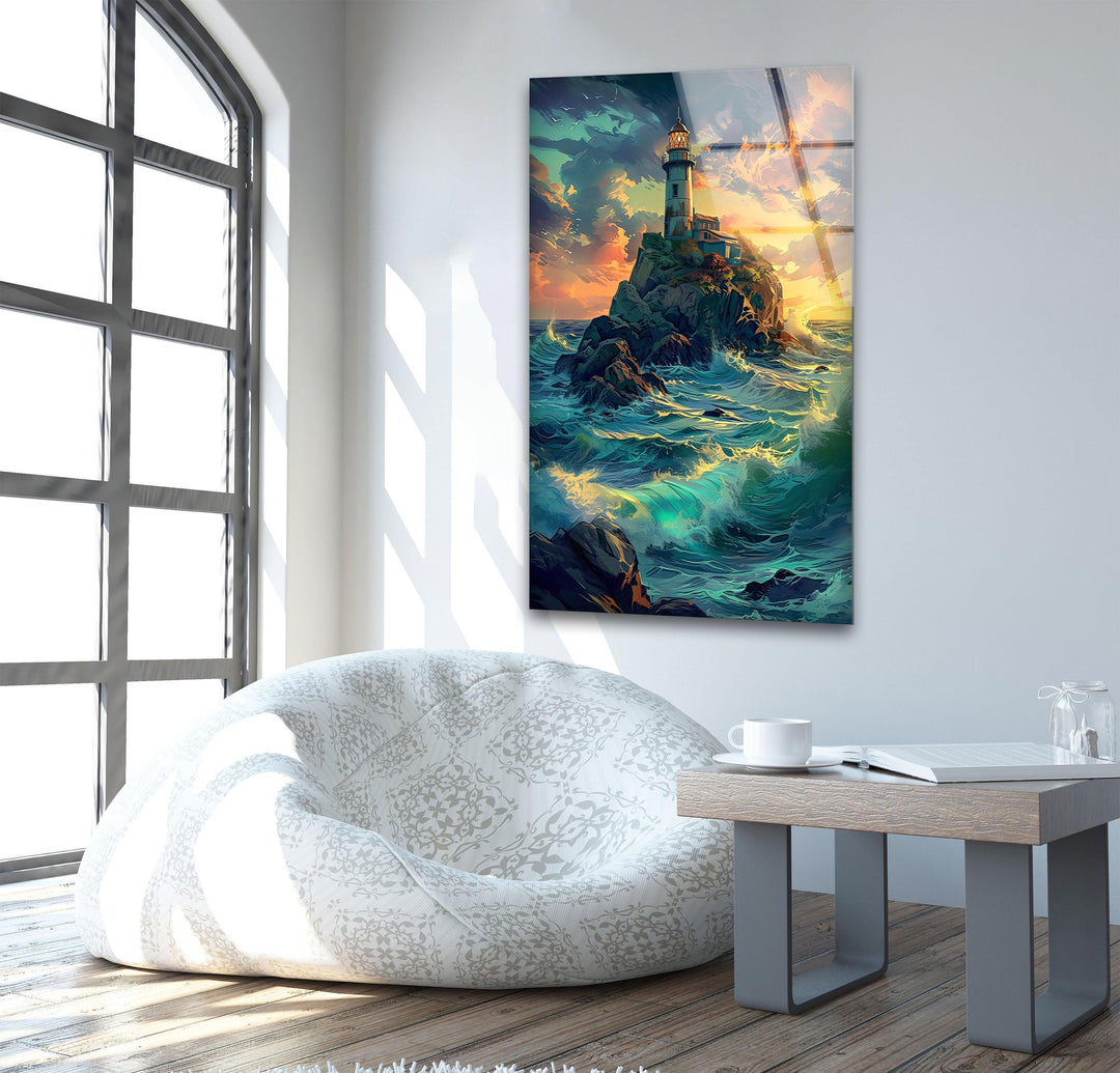 Lighthouse Sunset Landscape Glass Wall Art custom glass pictures, glass art prints
