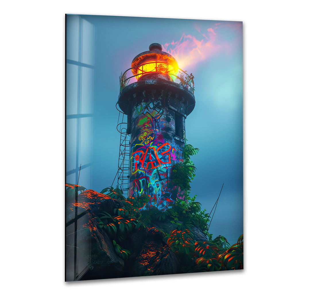 Lighthouse Graffiti Glass Wall Art glass art painting, glass art for the Wall
