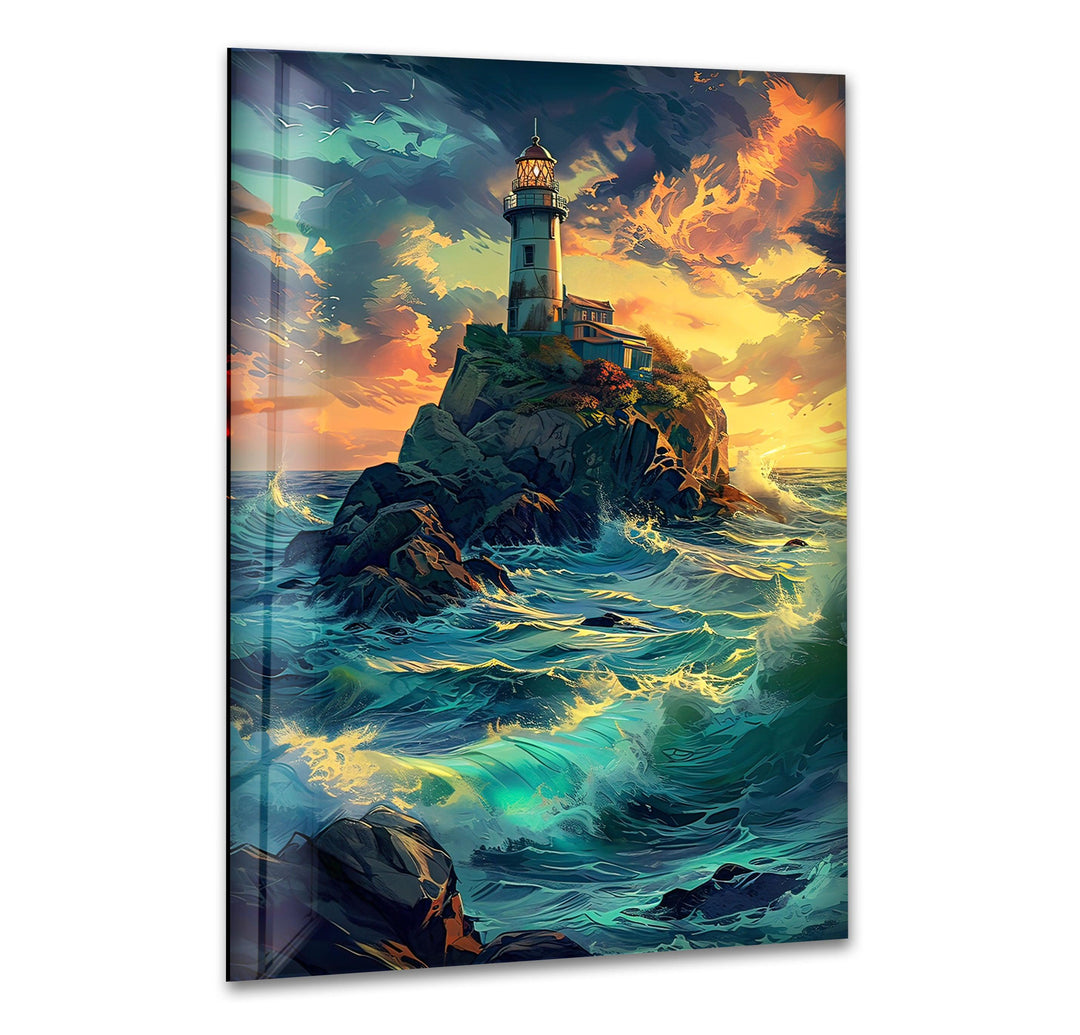 Lighthouse Sunset Landscape Glass Wall Art Glass Printing Wall Art, Print photos on glass
