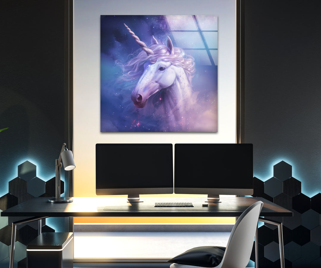 Lilac Unicorn Glass Wall Art, photo print on glass, prints on glass wall art