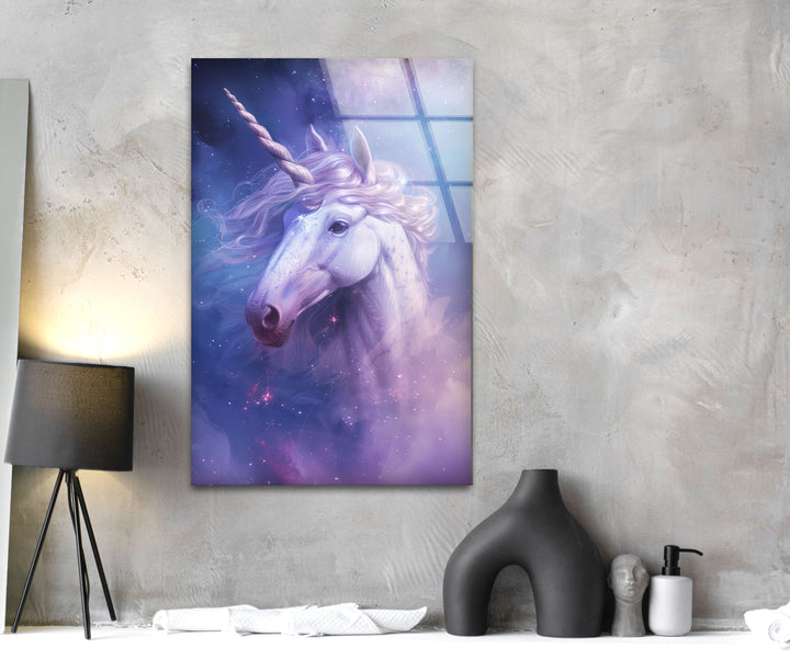 Lilac Unicorn Glass Wall Art, large glass photo prints, glass wall photos