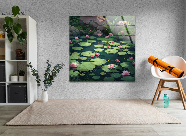 Lily Pad & Lotus Glass Wall Art picture on glass wall art, photos printed on glass
