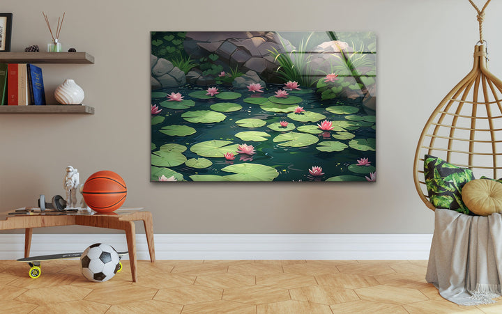 Lily Pad & Lotus Glass Wall Art glass art painting, glass art for the Wall
