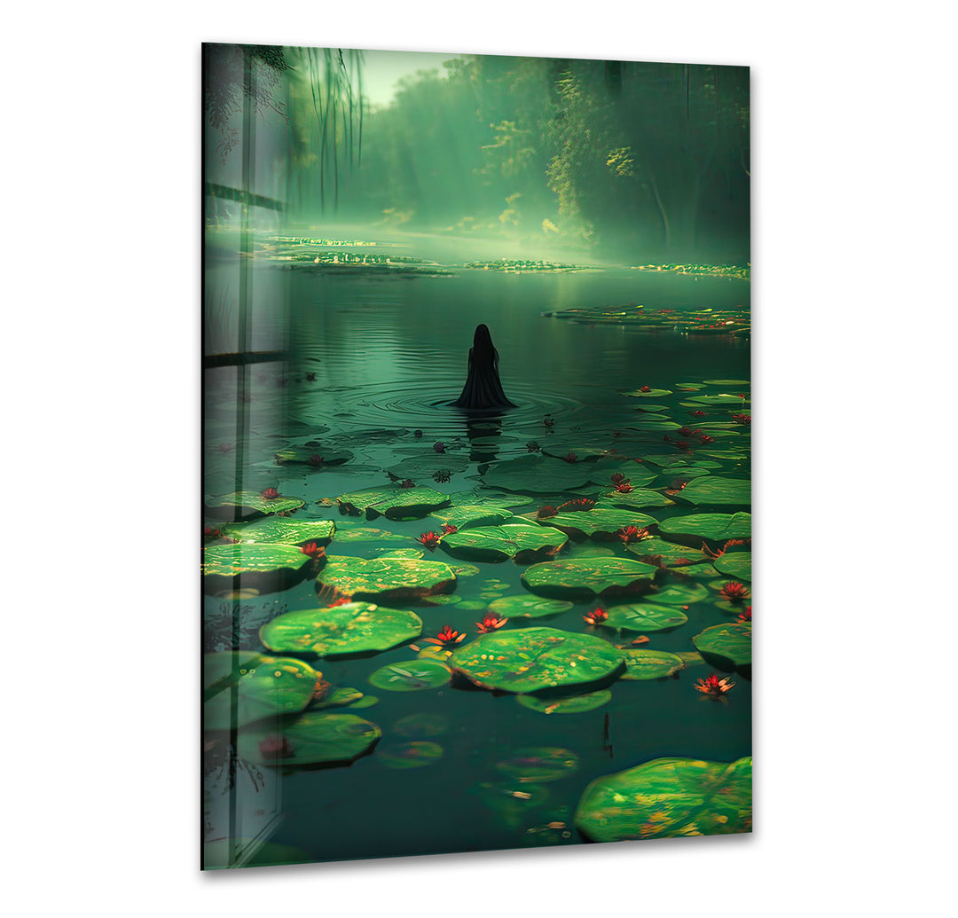 Lily Pad & Woman Glass Wall Art print picture on glass, Tempered Glass Wall Art
