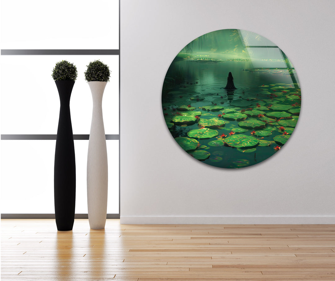 Lily Pad & Woman Glass Wall Art custom glass pictures, glass art prints
