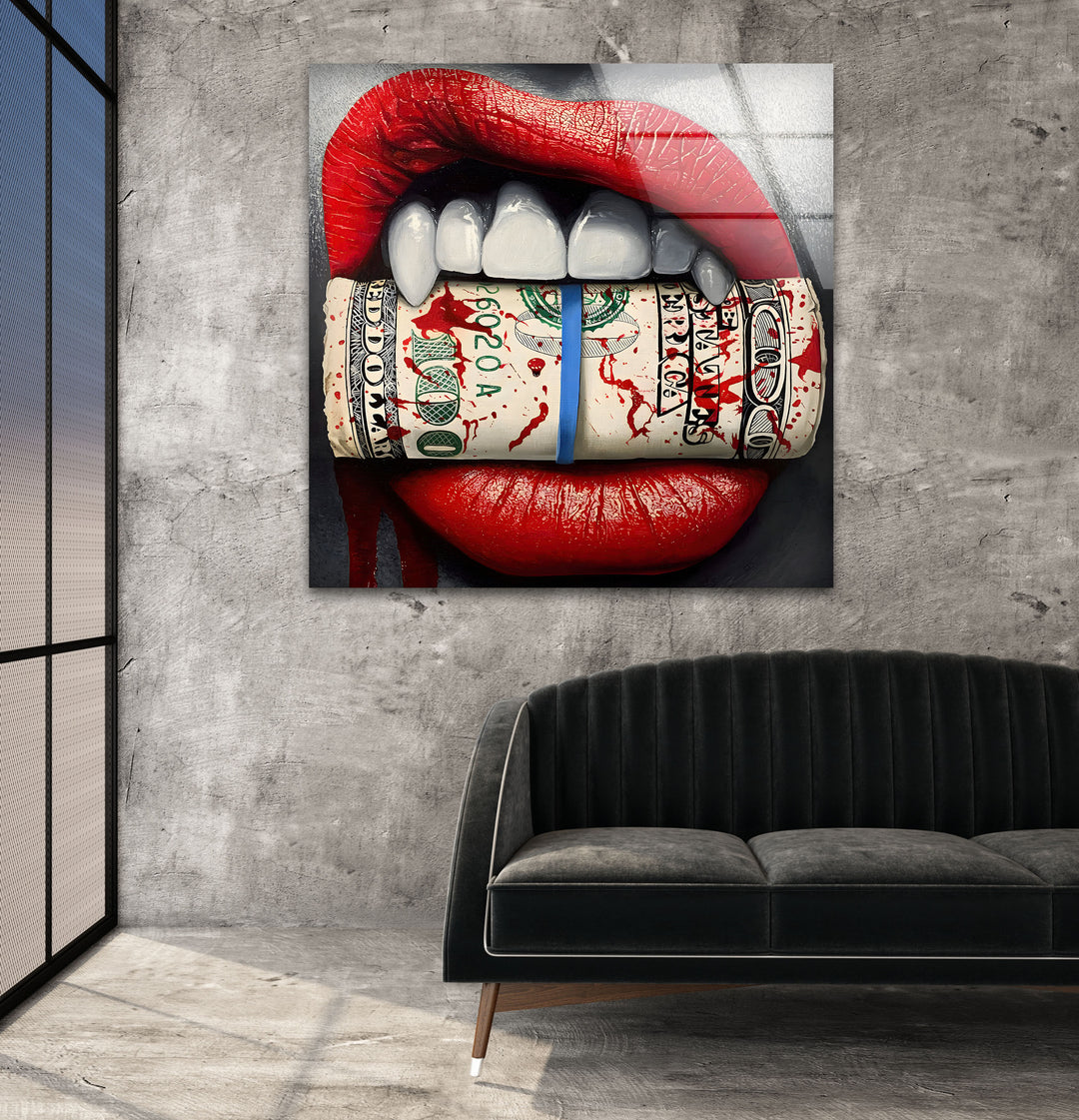 Lips & Bloody Dollar Glass Wall Art glass art painting, glass art for the Wall
