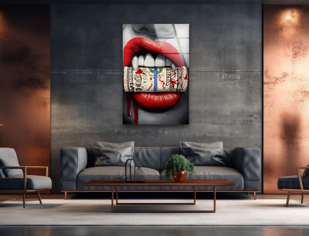 Lips & Bloody Dollar Glass Wall Art glass image printing, glass prints from photos
