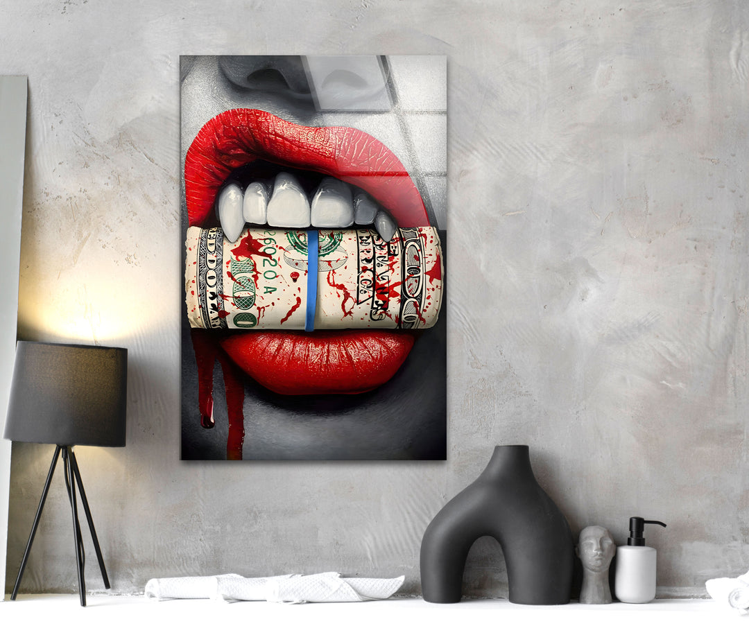 Lips & Bloody Dollar Glass Wall Art glass pictures for Wall, glass prints wall art
