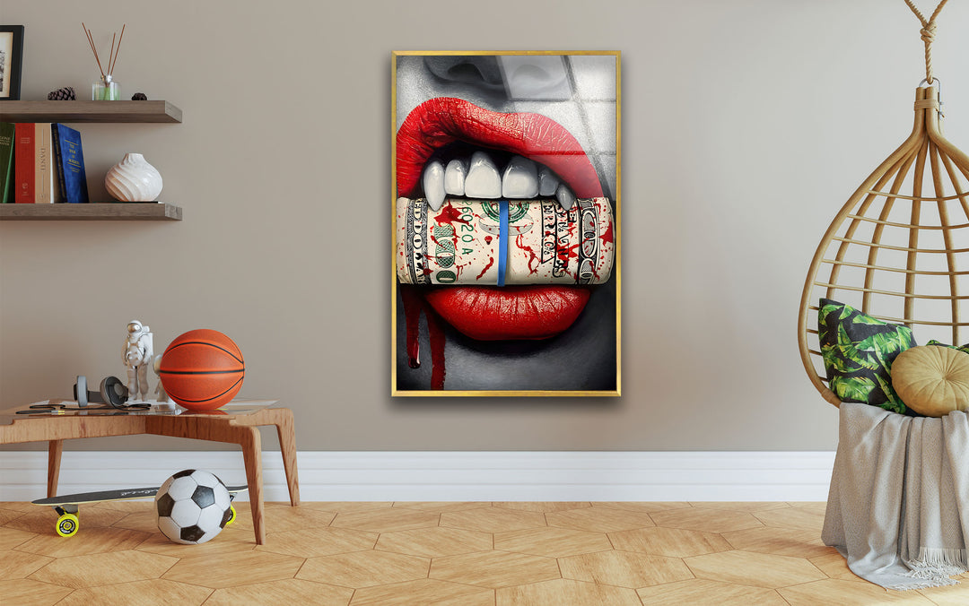 Lips & Bloody Dollar Glass Wall Art custom glass pictures, glass art prints
