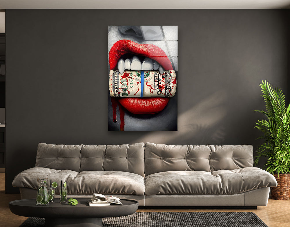 Lips & Bloody Dollar Glass Wall Art stained glass wall art, stained glass wall decor
