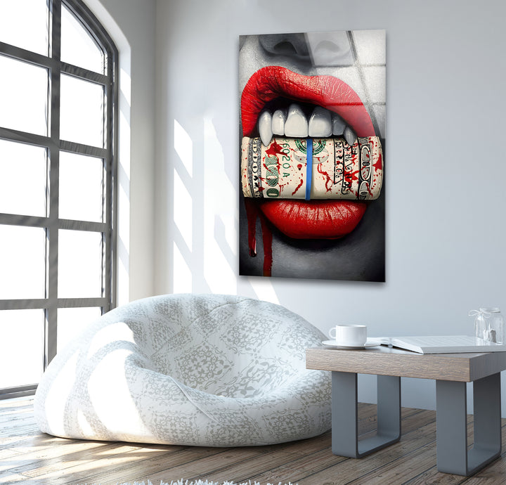 Lips & Bloody Dollar Glass Wall Art photo print on glass, prints on glass wall art
