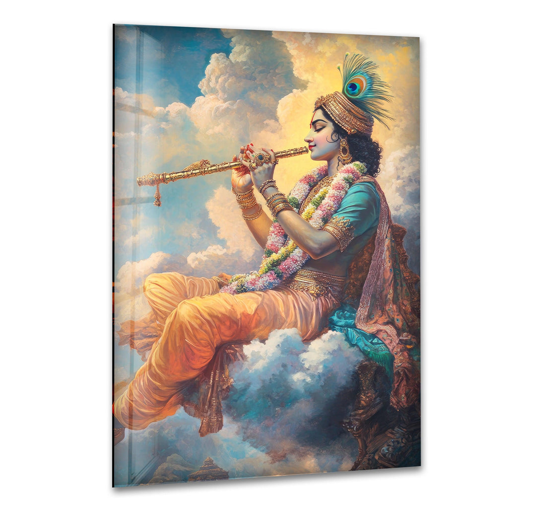 Majestic Lord Krishna Glass Wall Art Glass Printing Wall Art, Print photos on glass
