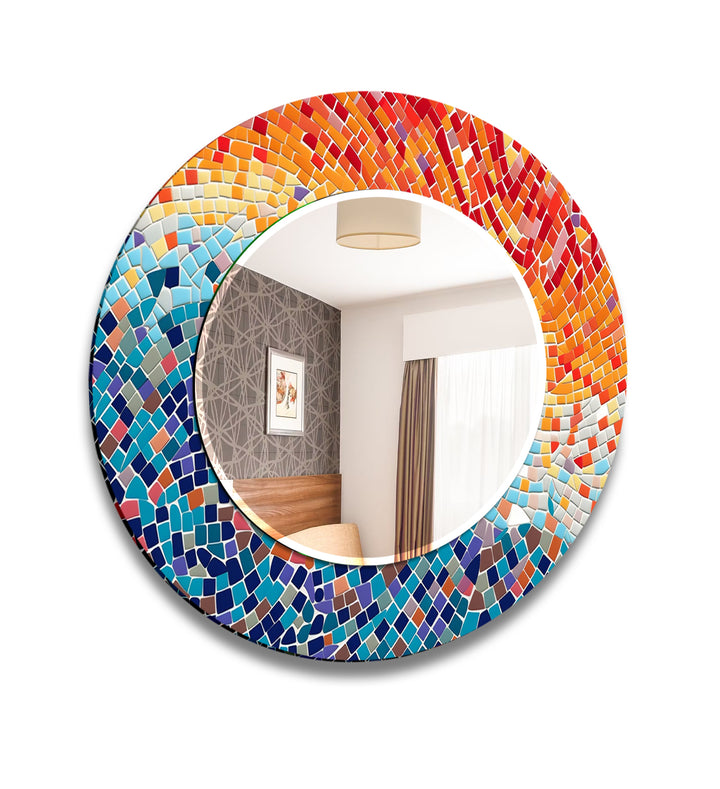 Orange and Blue Mosaic Round Wall Mirror Living Room Wall Mirror
