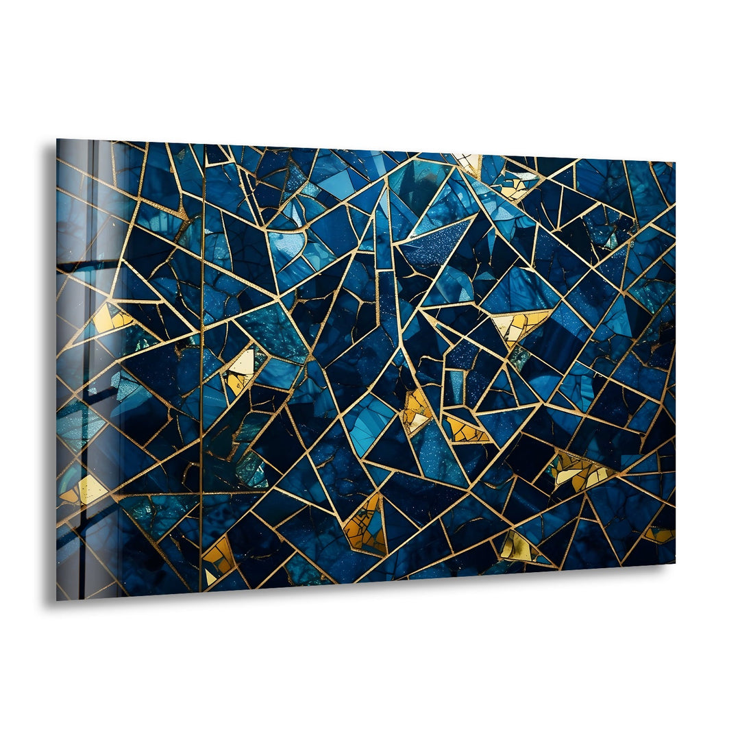 Stained Blue Geometric Glass Wall Art print on glass, glass printed photos