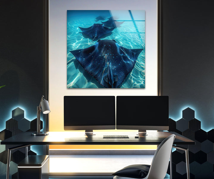 Blue Manta Ray Glass Wall Art print picture on glass, Tempered Glass Wall Art
