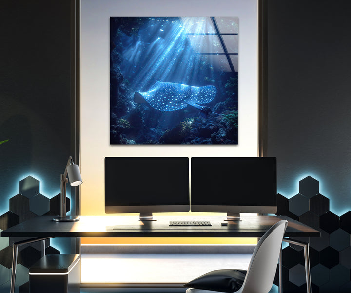 Manta Ray Blue Glass Wall Art picture on glass wall art, photos printed on glass
