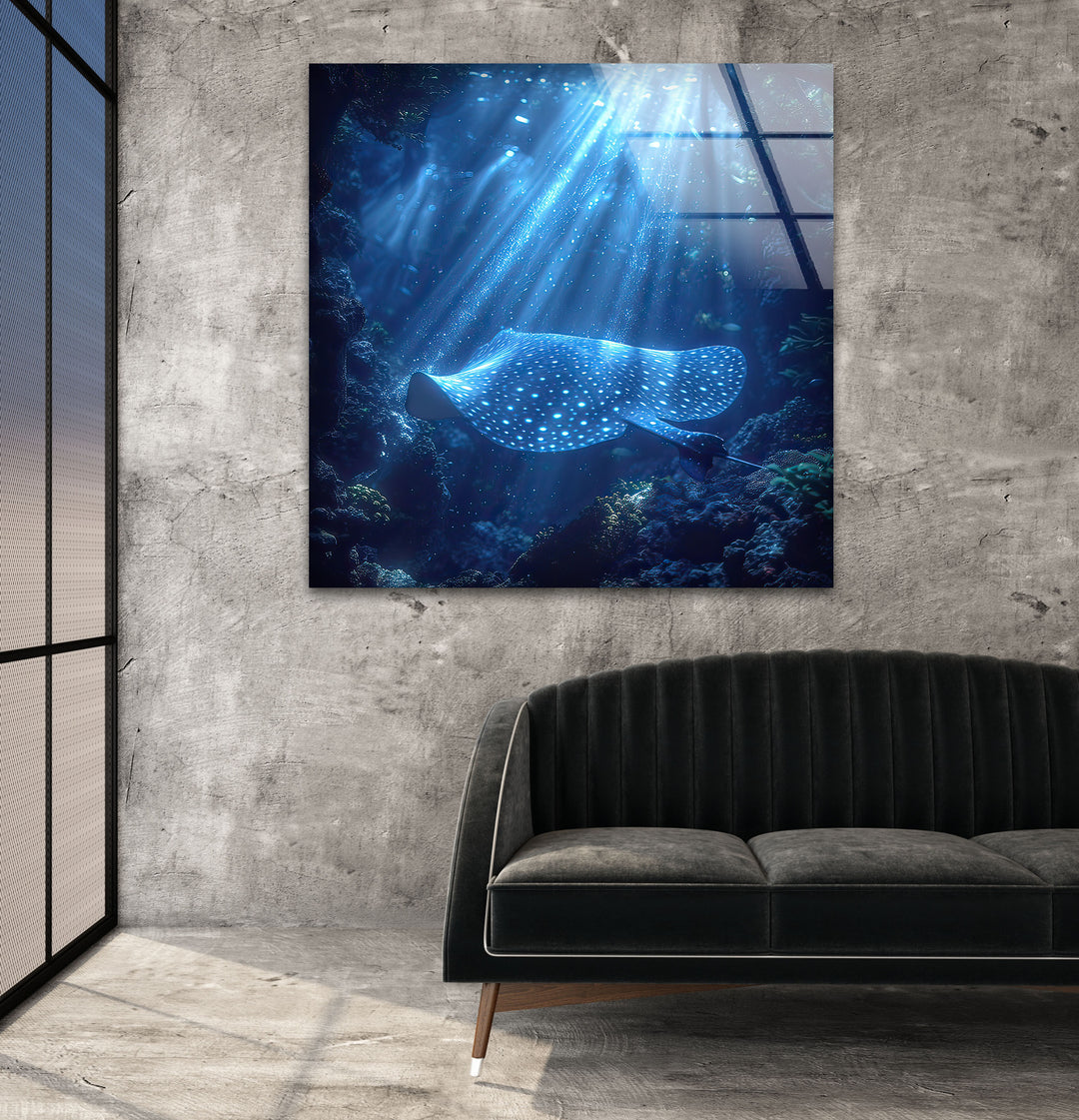 Manta Ray Blue Glass Wall Art large glass photo prints, glass wall photos
