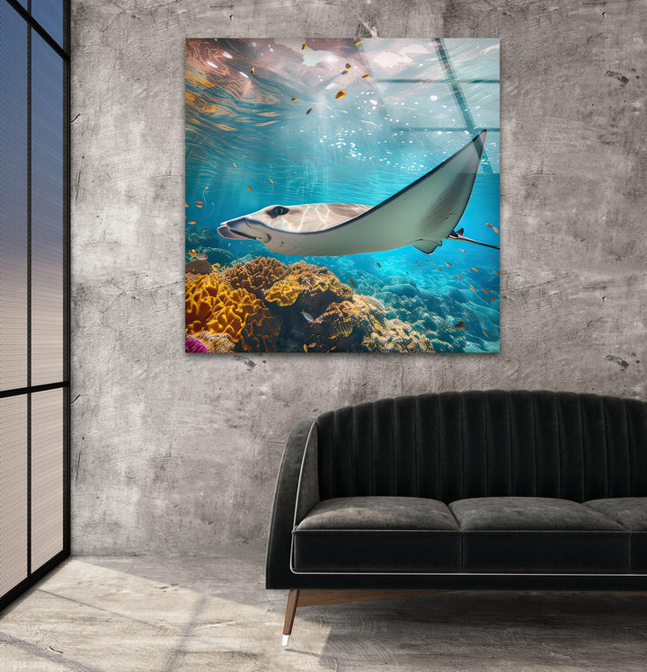 Manta Ray Fish Glass Wall Art print on glass, glass printed photos
