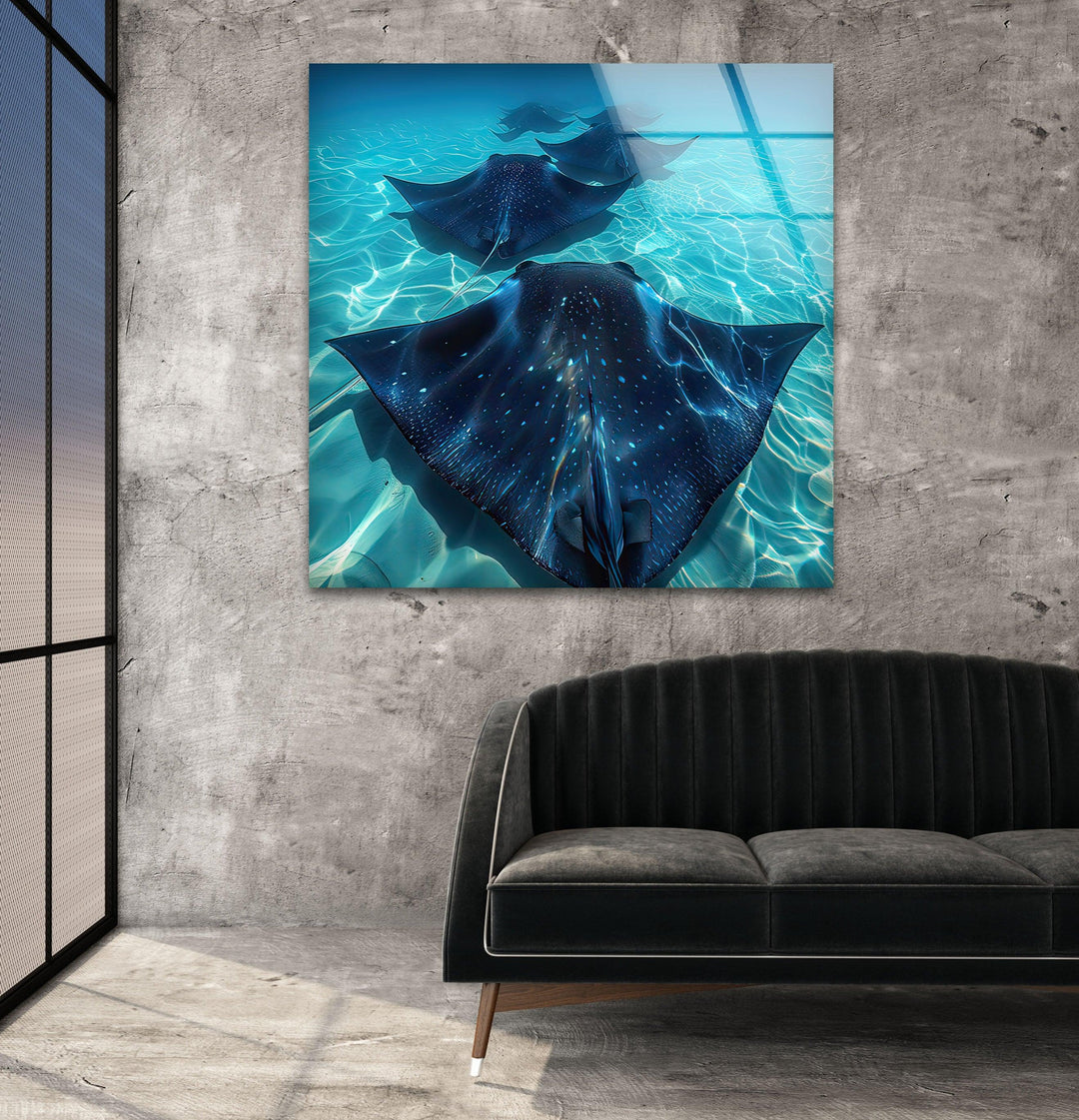 Blue Manta Ray Glass Wall Art picture on glass wall art, photos printed on glass
