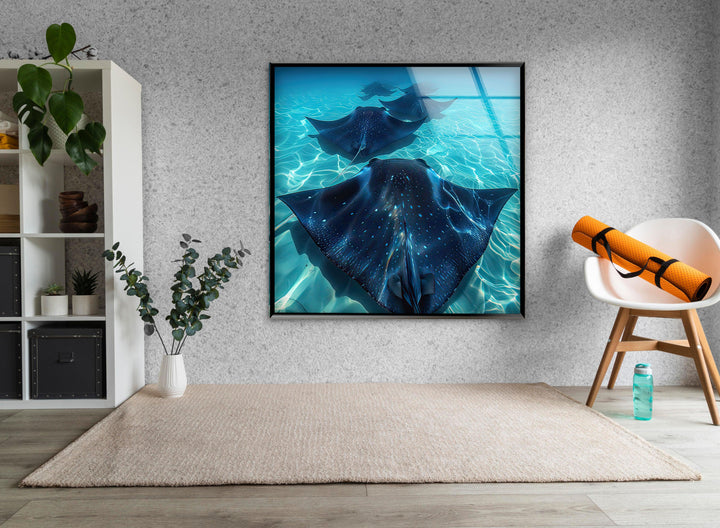 Blue Manta Ray Glass Wall Art print on glass, glass printed photos
