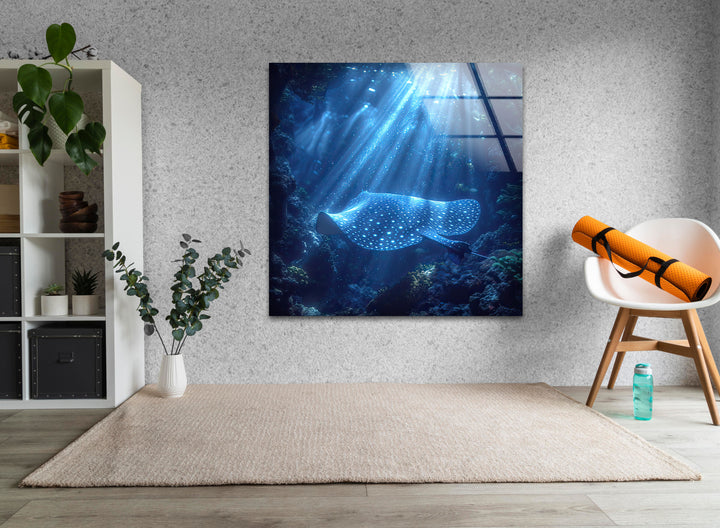 Manta Ray Blue Glass Wall Art custom glass photo prints, large glass prints
