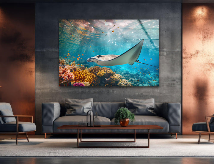 Manta Ray Fish Glass Wall Art custom glass pictures, glass art prints
