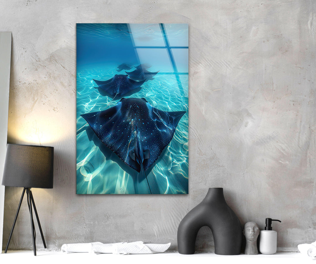 Blue Manta Ray Glass Wall Art photo print on glass, prints on glass wall art
