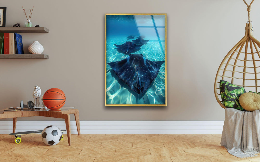 Blue Manta Ray Glass Wall Art