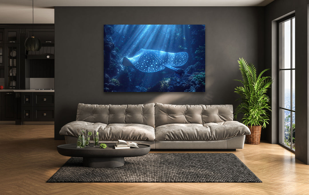 Manta Ray Blue Glass Wall Art Glass Printing Wall Art, Print photos on glass
